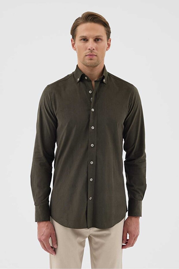 Velvet Collar Buttoned 100% Cotton Comfort Fit Smoked Men's Shirt