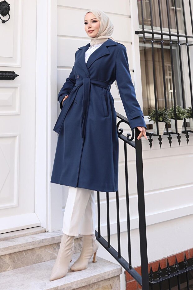 Belted Cashmere Coat Navy Blue 19271