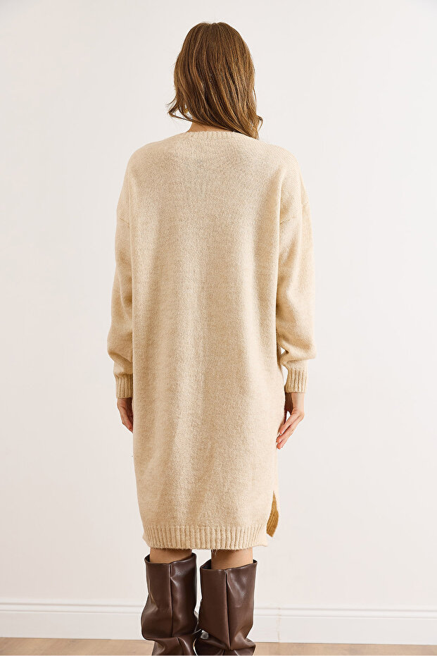 Kadın Ekru Kanguru Cepli Yırtmaçlı Triko Tunik Elbise ELB-19002550 - 3