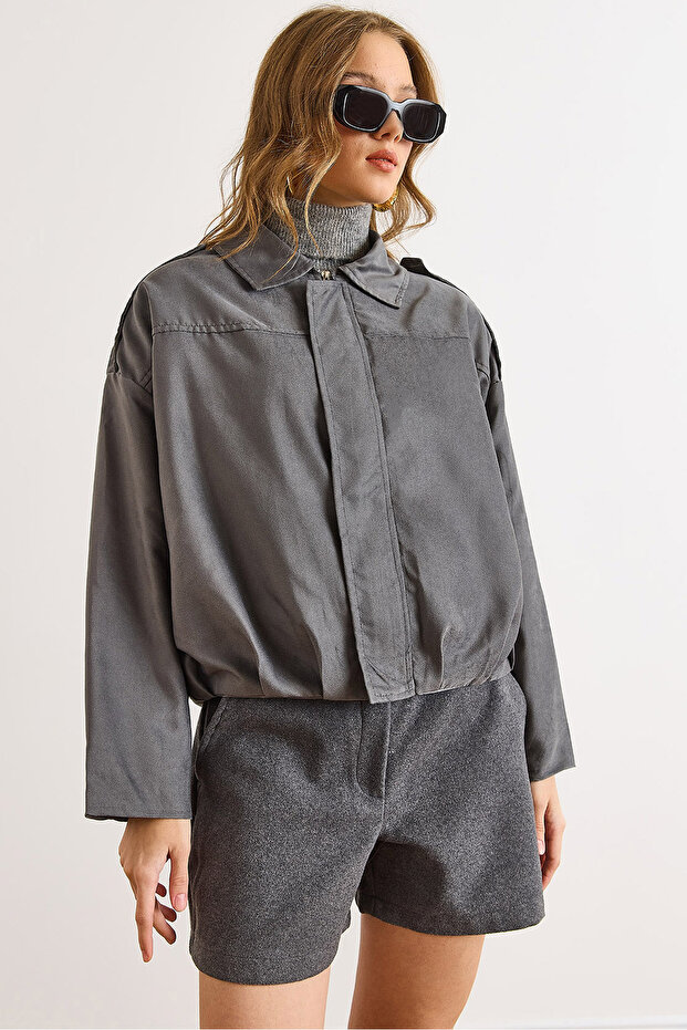 Women's Smoked Lined Skirt Pleated Oversized Suede Jacket Ckt-19000494