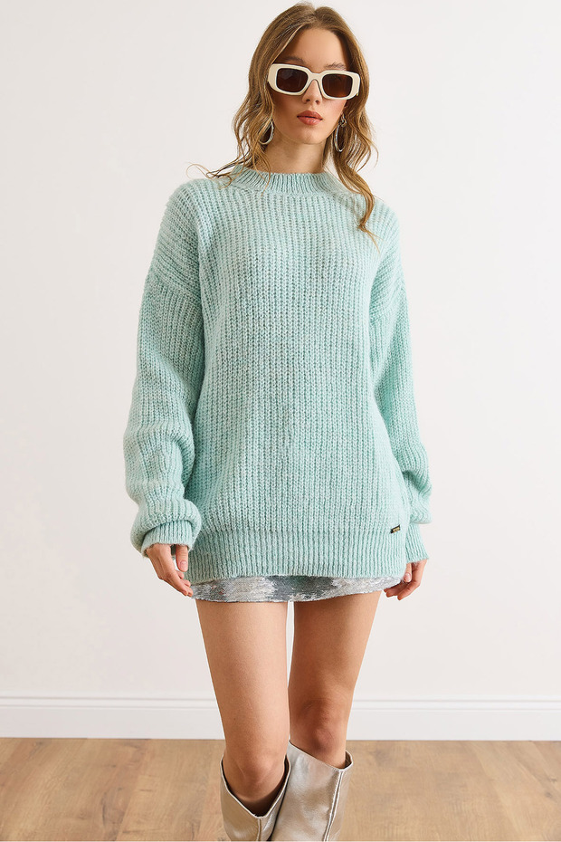 Women's Water Green Thick Knit Fleece-Lined Balloon Sleeve Knitwear Sweater Kzk-19000863