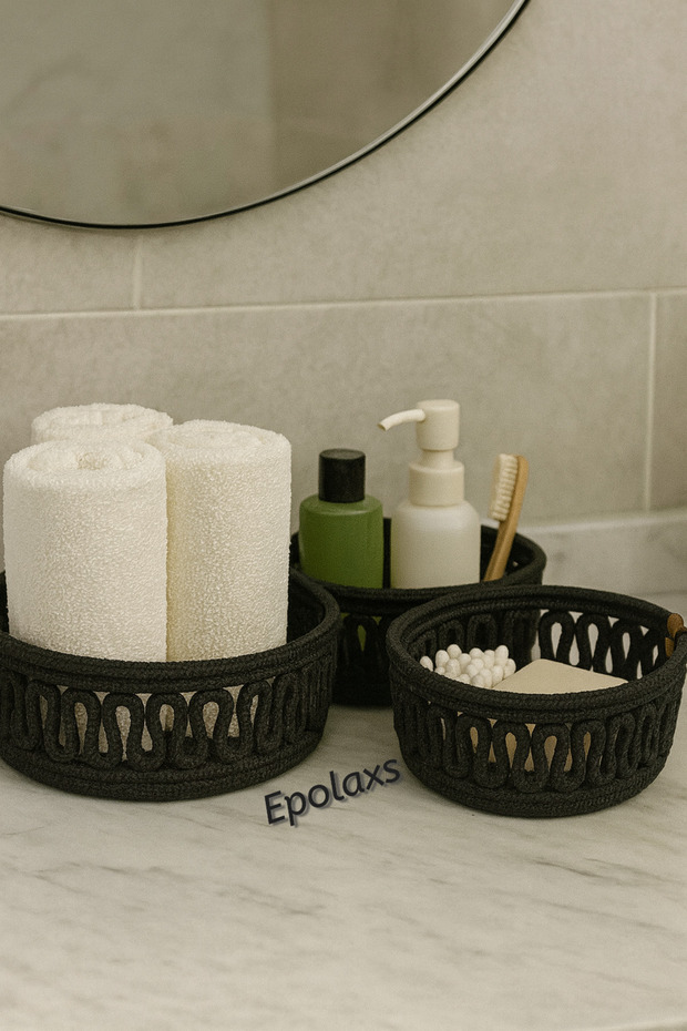 Handmade Jute Wicker 3-Piece Bathroom Basket Set Decorative Organizer Basket Set Towel Organizer Bohemian Bathroom Basket