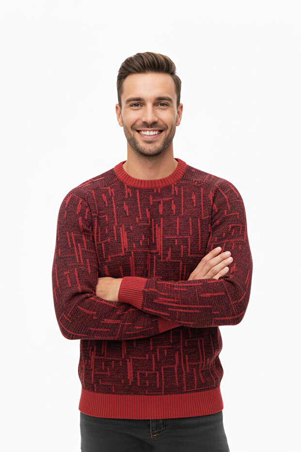 Men's Crew Neck Patterned Soft Sweater - 1