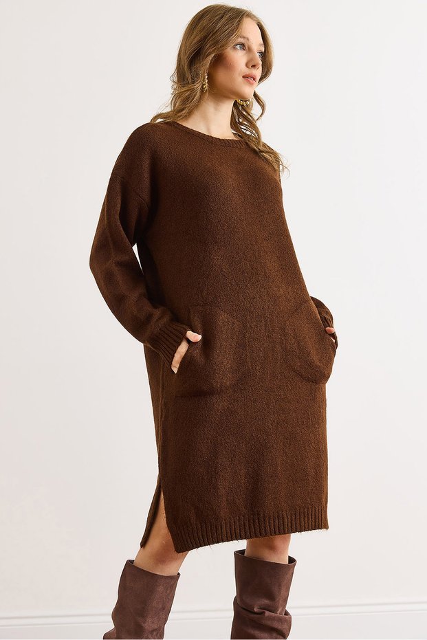 Women's Bitter Brown Kangaroo Pocket Slit Knitwear Tunic Dress Elb-19002550