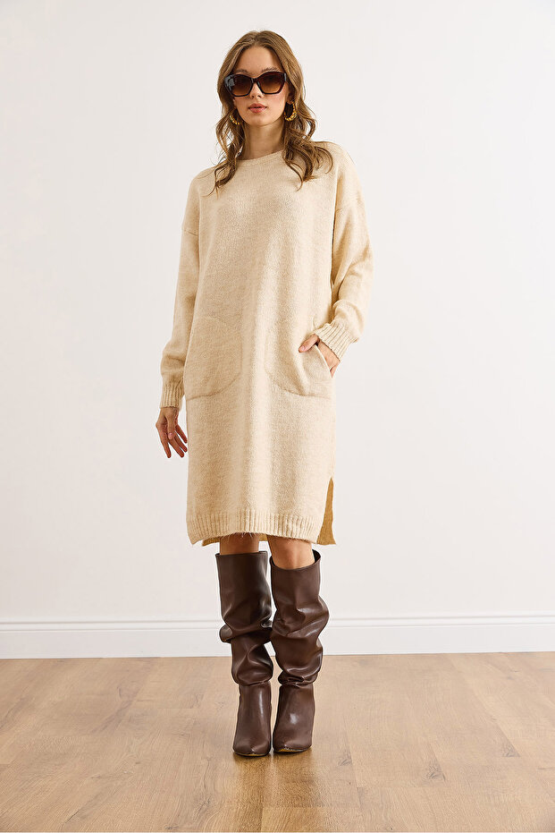 Kadın Ekru Kanguru Cepli Yırtmaçlı Triko Tunik Elbise ELB-19002550 - 2