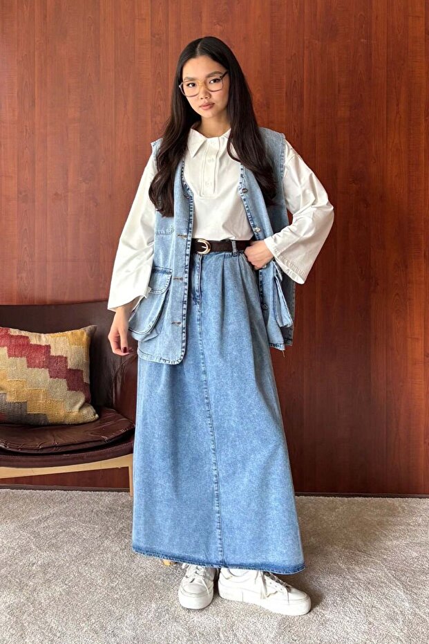 Buz Mavi Kot Tek Düğmeli Etek - 2