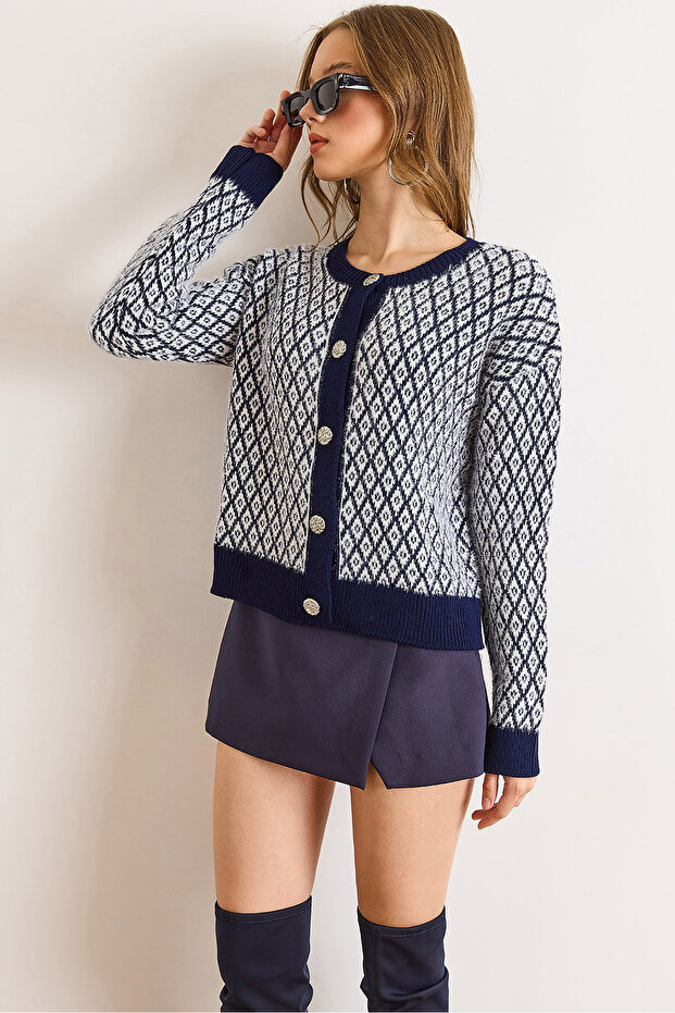 Women's Navy Blue Tiny Diamond Pattern Crew Neck Soft Textured Knit Cardigan Hrk-19000437