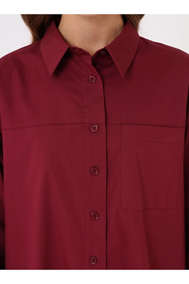 Poplin Kumaş Cep Detaylı Uzun Basic Bluz / Gömlek - Bordo - - 5