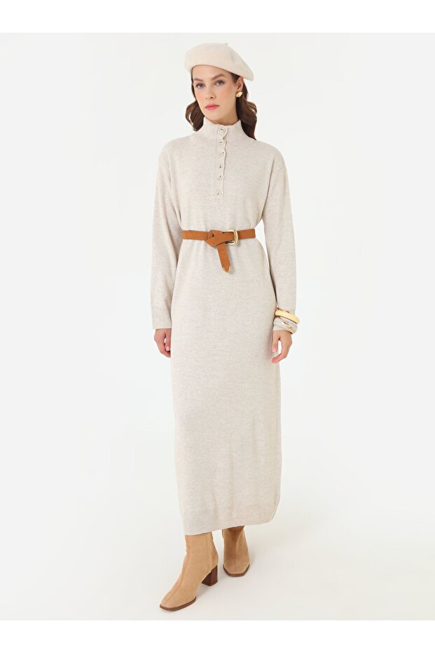 Button Detailed High Neck Knitwear Hijab Dress - Cream -