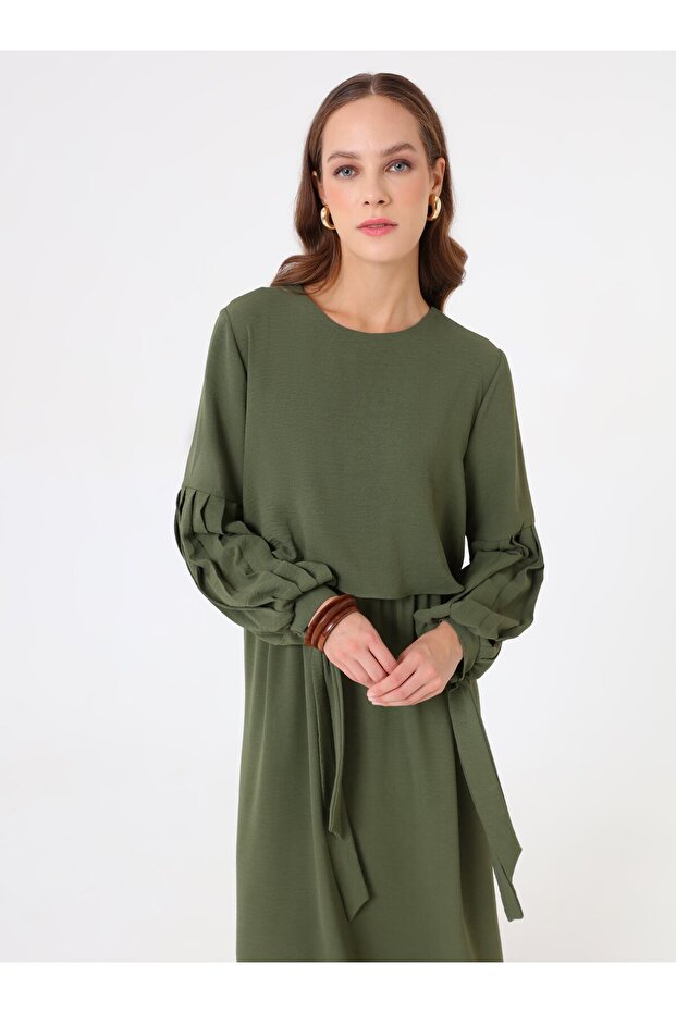 Pile Detail Sleeves Hijab Dress - Khaki -