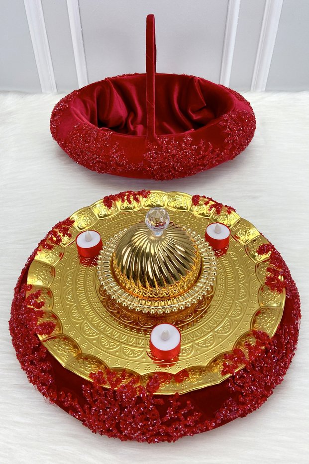Red Henna Night Tray Basket Bridal Set Luxury Imported Velvet Glass Beads Engagement Wedding Ceremony Circumcision