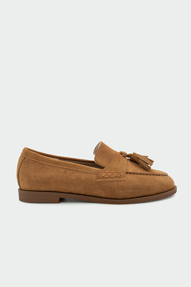 Leather Tassel Detailed Tan Suede Women's Flat Sole Shoes