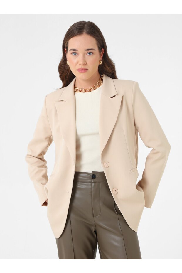 Double Button Lined Blazer Jacket - Beige - - 1