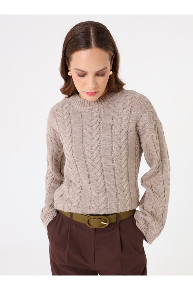 Saç Örgü Detaylı Basic Triko Kazak - Vizon - - 2