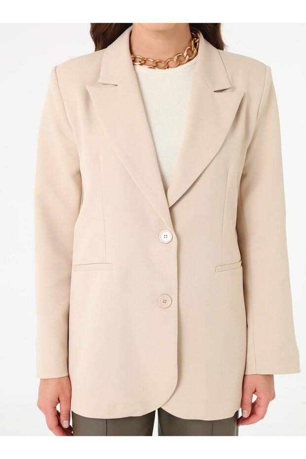 Double Button Lined Blazer Jacket - Beige - - 4