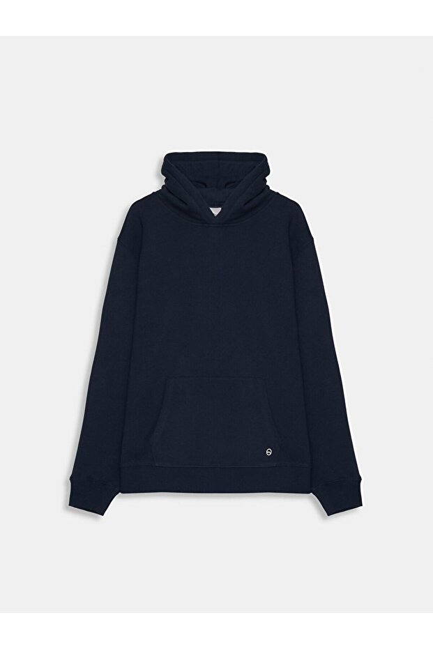 Uzun Kollu Kapüşonlu Basıc Lacivert Sweatshırt - 1