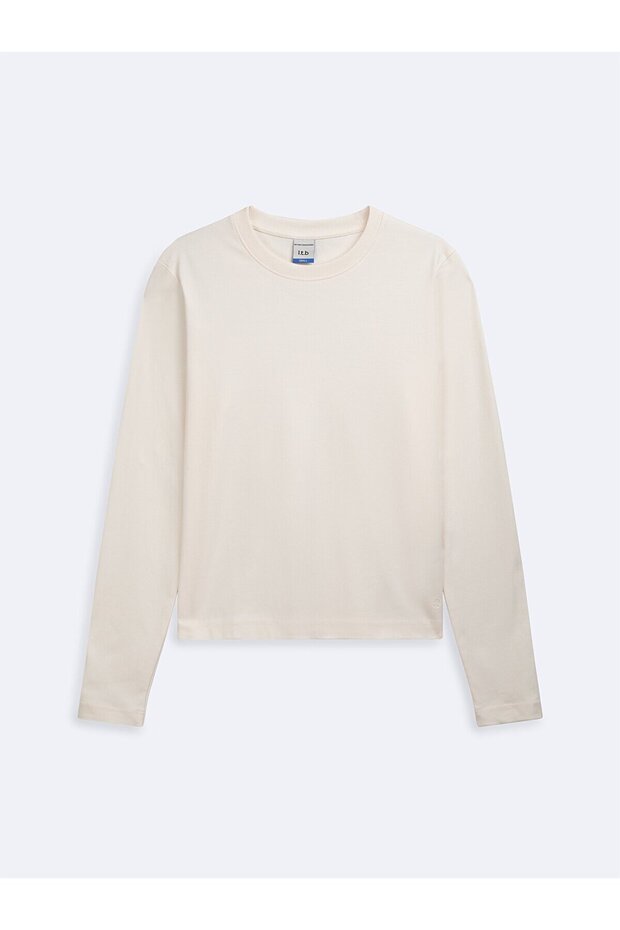 Uzun Kollu Sıfır Yaka Basıc Beyaz Sweatshırt - 2