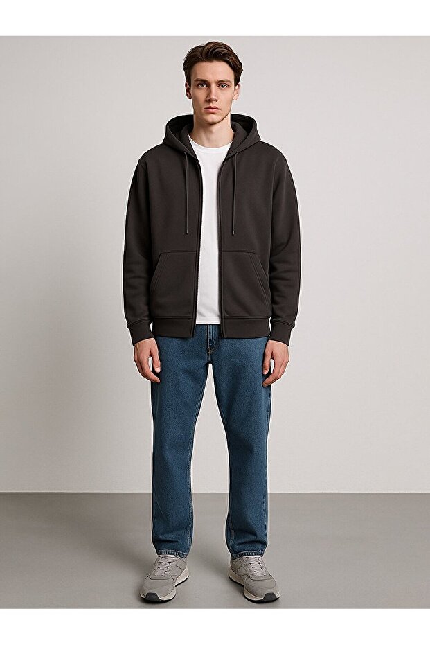 Kapüşonlu Fermuarlı Cepli Basıc Antrasit Sweatshırt - 1