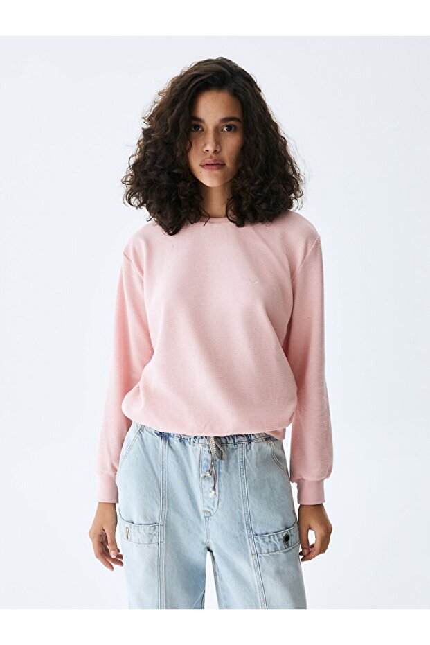 Uzun Kollu Bisiklet Yaka Basıc Pembe Sweatshırt - 2