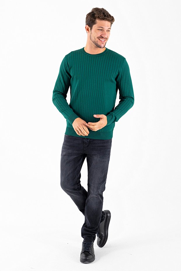Men's Crew Neck Corded Fabric Knitwear Sweater Green - K-2602