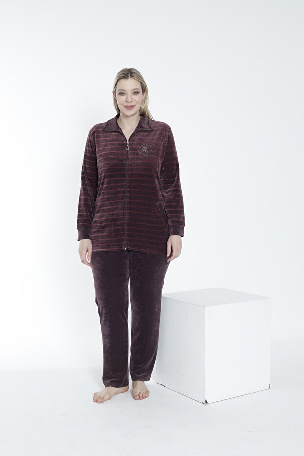 Women's Plus Size Cotton Zippered Velvet Tracksuit Set - Dusty Rose - B 2289