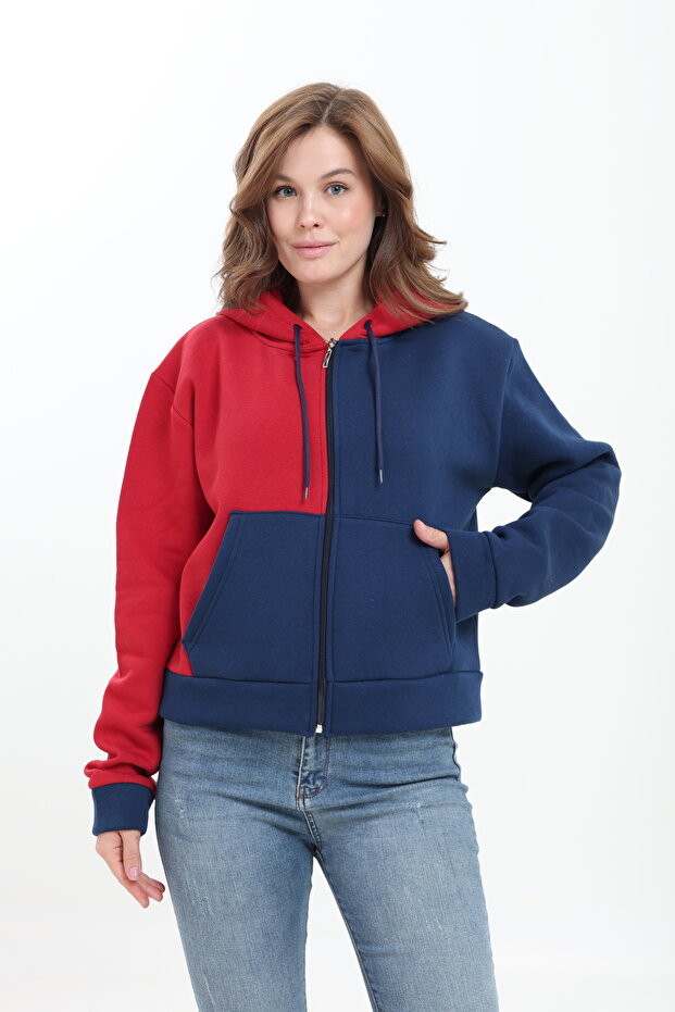 Puff 3-Thread Fleece Inside Asymmetric Color Block Belted Zippered Cardigan