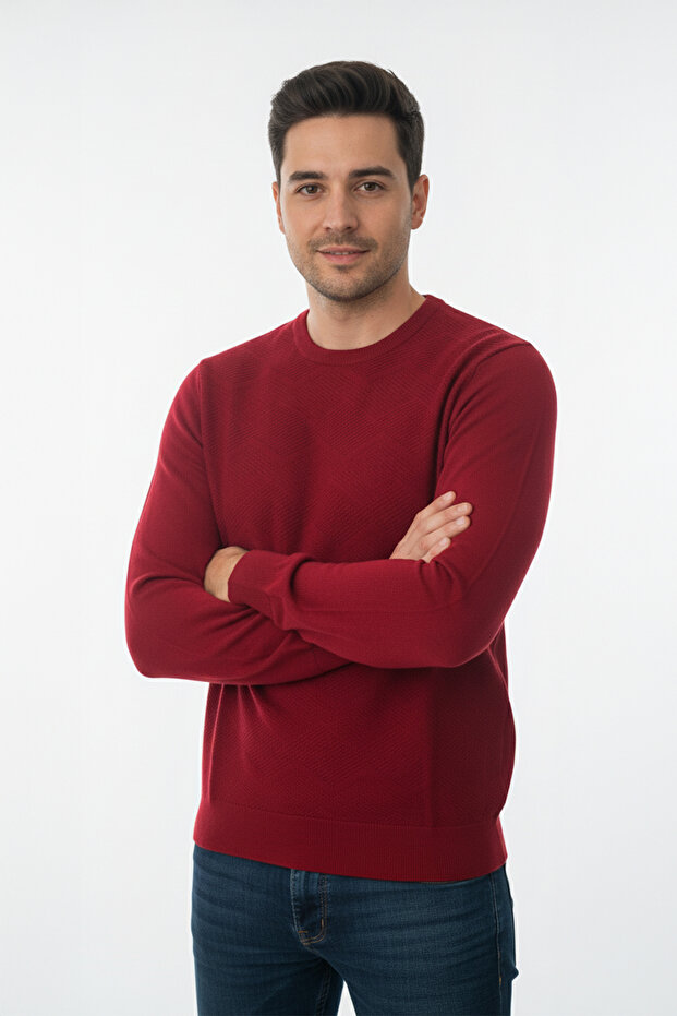 Erkek Bisiklet Yaka Desenli Triko Kazak | %70 Pamuk - 1