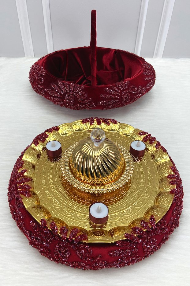 Burgundy Henna Night Tray Basket Bridal Set, Luxury Imported Velvet Glass Beads, Engagement Wedding Ceremony Circumcision