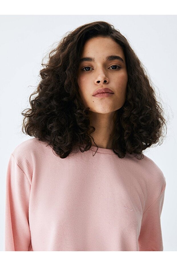 Uzun Kollu Bisiklet Yaka Basıc Pembe Sweatshırt - 4