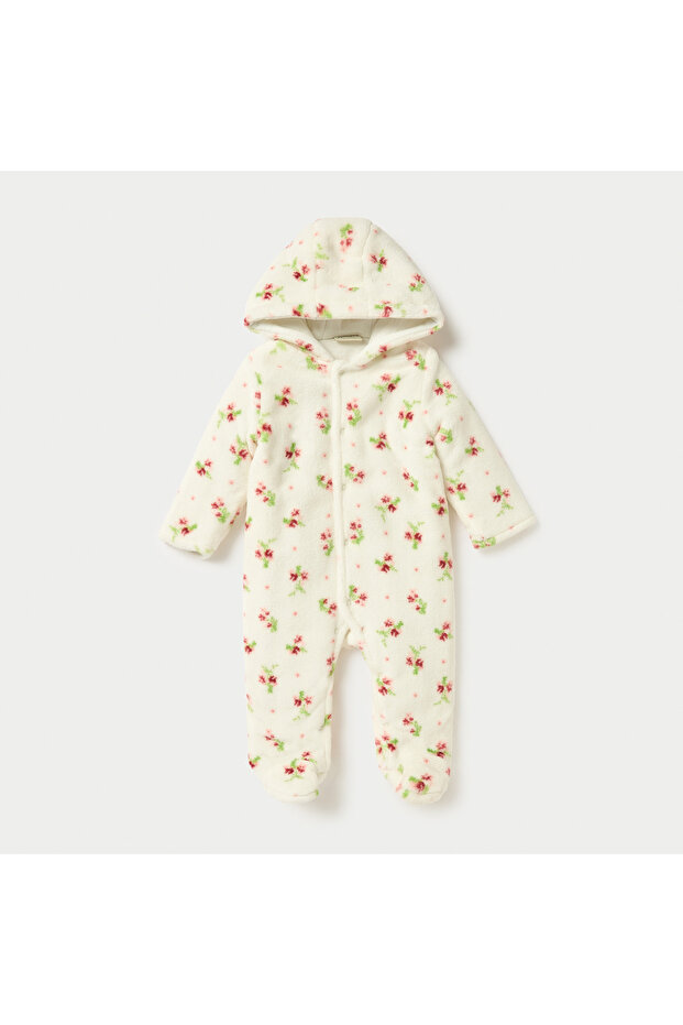 Floral Print Hooded Padded Closed Feet Sleepsuit with Long Sleeves