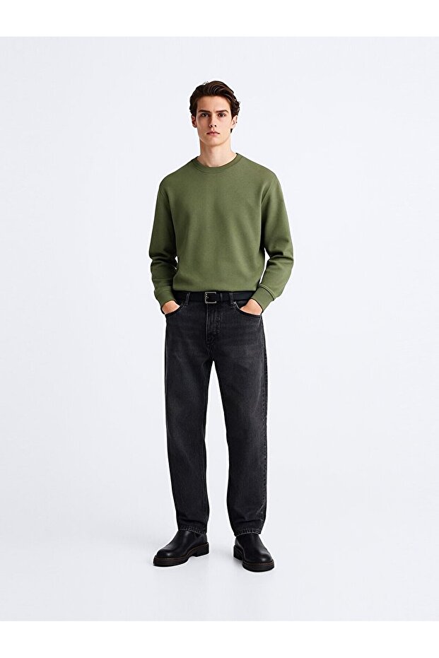 Uzun Kollu Sıfır Yaka Basıc Yeşil Sweatshırt - 1