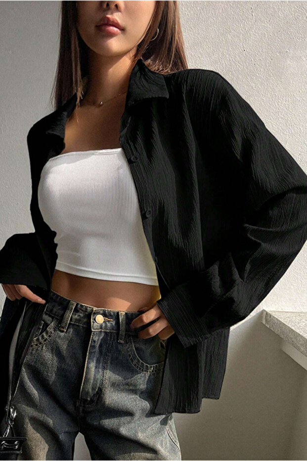 Women's Oversize Wide Cut Wrinkle Detail Long Sleeve Textured Black Shirt