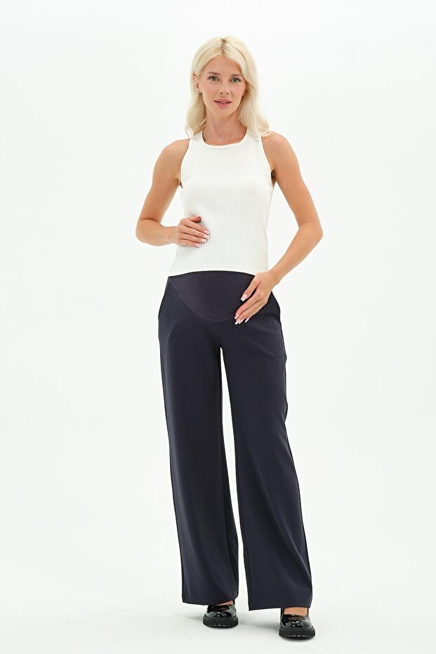 Maternity Elastic Waistband Adjustable Winter Wide Leg Classic Trousers Dark Blue