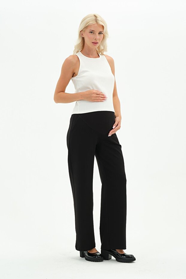 Maternity Stretchy Belly Band Adjustable Waist Winter Wide Leg Classic Pants Black