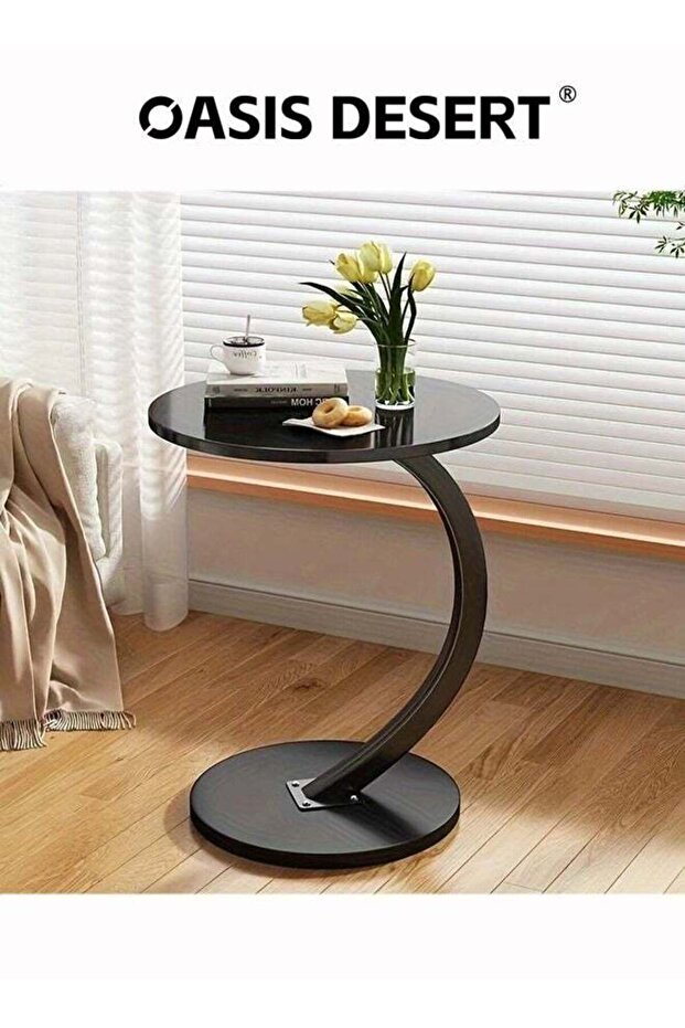 C-Shaped End Table with Metal Frame and Round Wood Tray - 1