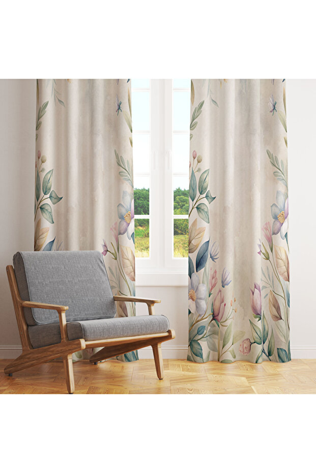 Light Beige Pastel Floral Framed 140X260 Single Panel Background Curtain