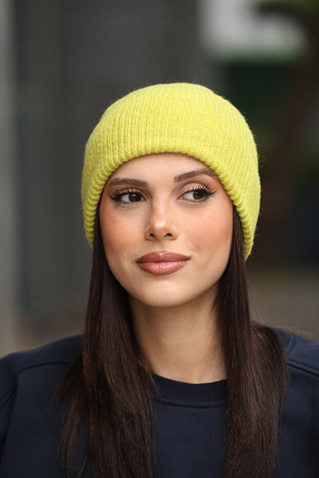 Women's Neon Yellow Soft Textured Ribbed Winter Knitted Beanie