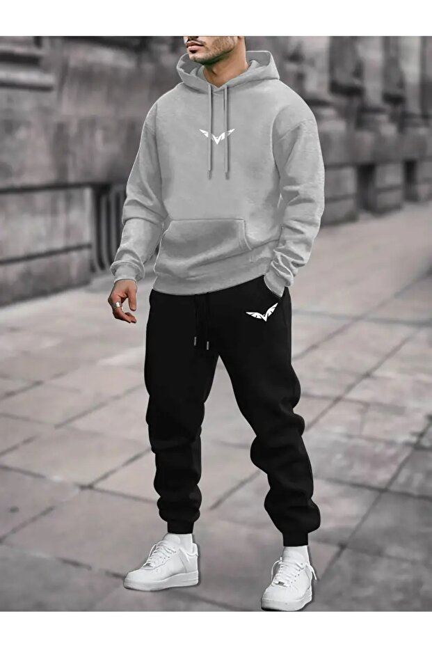 Tracksuit Set Sweatshirt Jogger - Oversized Fleece-Lined Eagle Printed Hooded