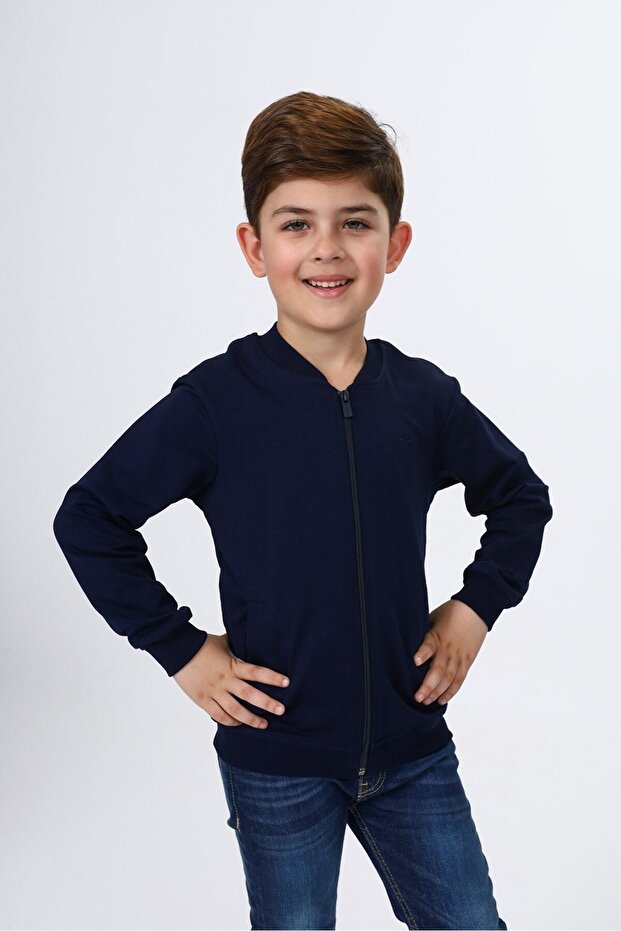 Navy Blue Boys' College Collar Zippered Pocket Embroidery Printed Knitted Cardigan - 2 Thread