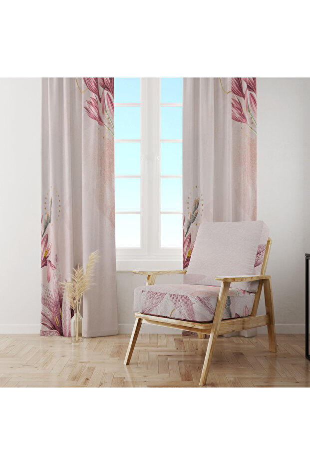 Single Panel Background Curtain with Tulip and Lily Flower Pattern on Pink Background 140X260 cm - 4