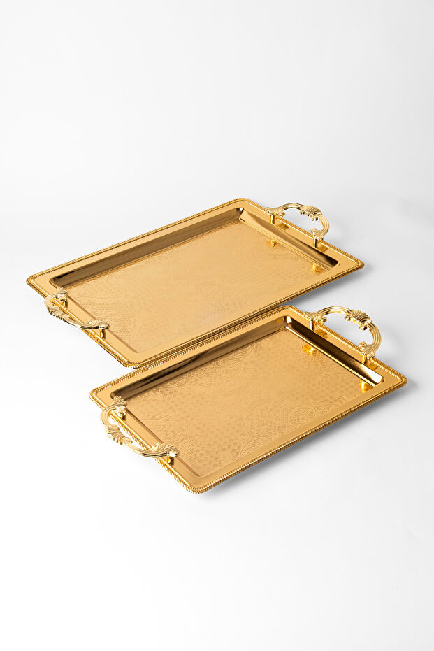Set of 2 Stainless Steel Gold Rectangular Trays – Patterned Serving and Presentation Tray, Non-Tarnishing, Non-Fading