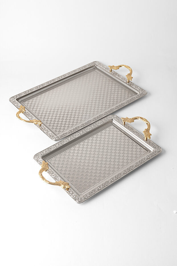 Set of 2 Stainless Steel Silver Trays – Rectangular Patterned Serving and Presentation Tray, Anti-Tarnish, Fade-Resistant