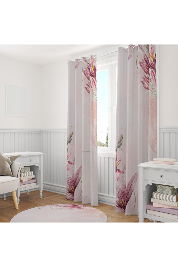 Single Panel Background Curtain with Tulip and Lily Flower Pattern on Pink Background 140X260 cm - 2