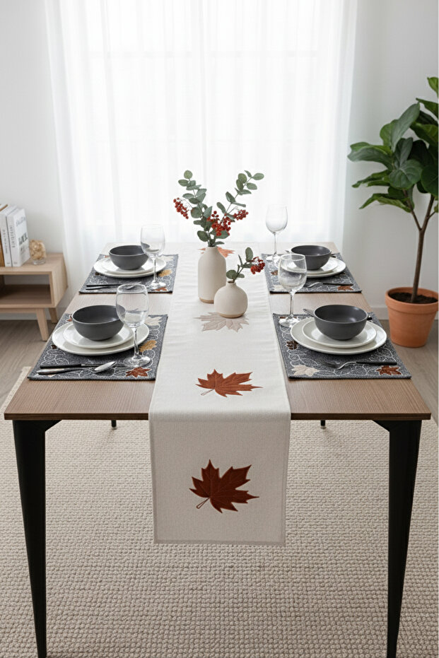 Kadife Nakışlı Kalın Keten Runner ve 6'lı Amerikan Servis Takımı | Lüks Sofra Takımı - 2