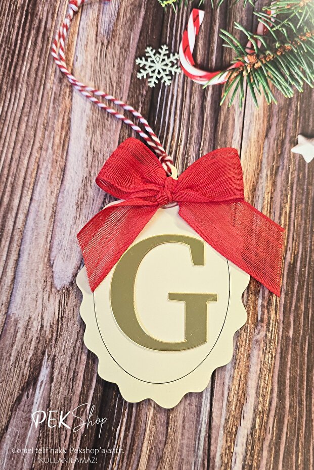 Initial Letter Bow Christmas Tree Ornament - Gold Initial Letter Red Bow Ribbon New Year Ornament