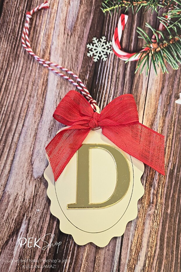 Initial Letter Bow Christmas Tree Ornament - Gold Initial Letter Red Bow Ribbon New Year Ornament