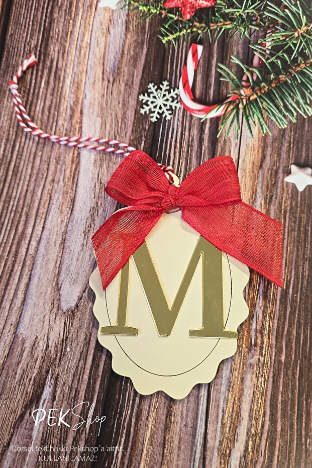 Initial Letter Bow Christmas Tree Ornament - Gold Initial Letter Red Bow Ribbon New Year Ornament
