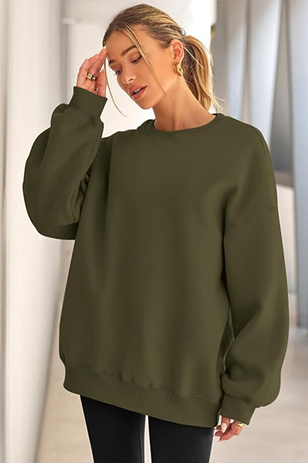Women's Sweatshirt Oversized Wide Fit İçi Ş Fleece-Lined Crew Neck Oversized Sweatshirt Ka