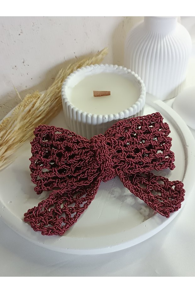 Burgundy Handmade Knitted Bowknot Ribbon Women's Hair Clip Automatic Snap Clip