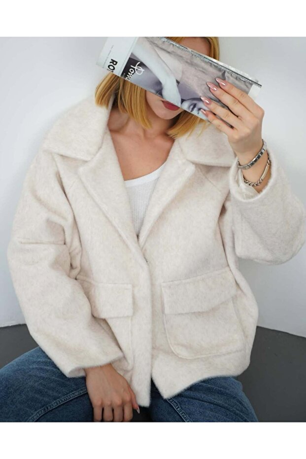 Oversized Fox Fur Pocket & Button Detail Plush Jacket